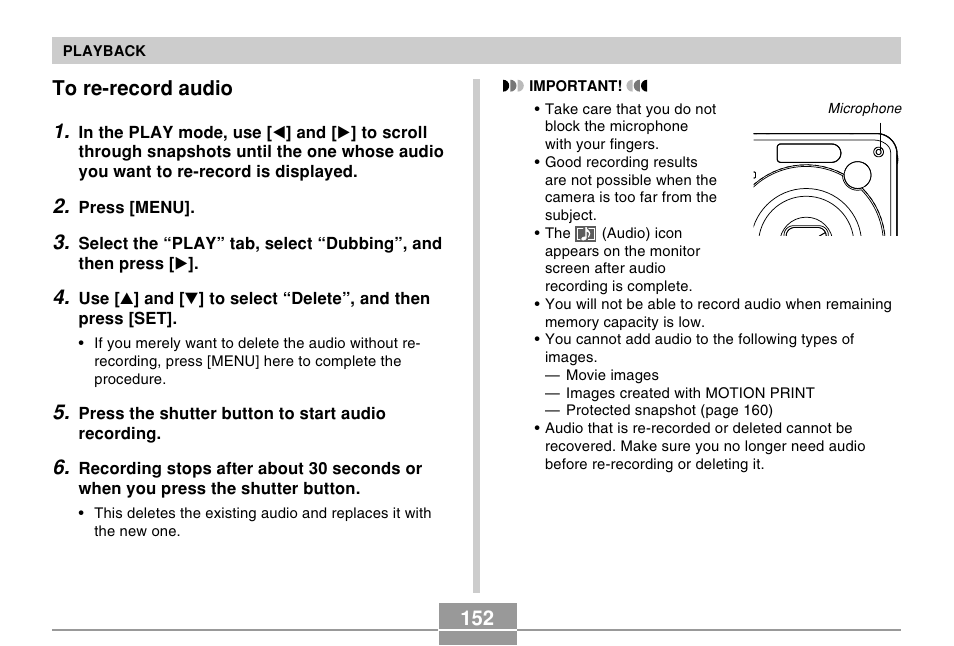 To re-record audio | Casio EX-Z120 User Manual | Page 152 / 242