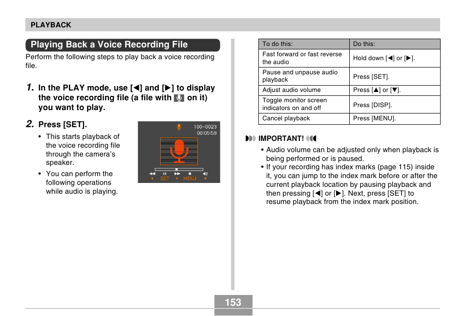 Playing back a voice recording file | Casio EX-Z120 User Manual | Page 153 / 242