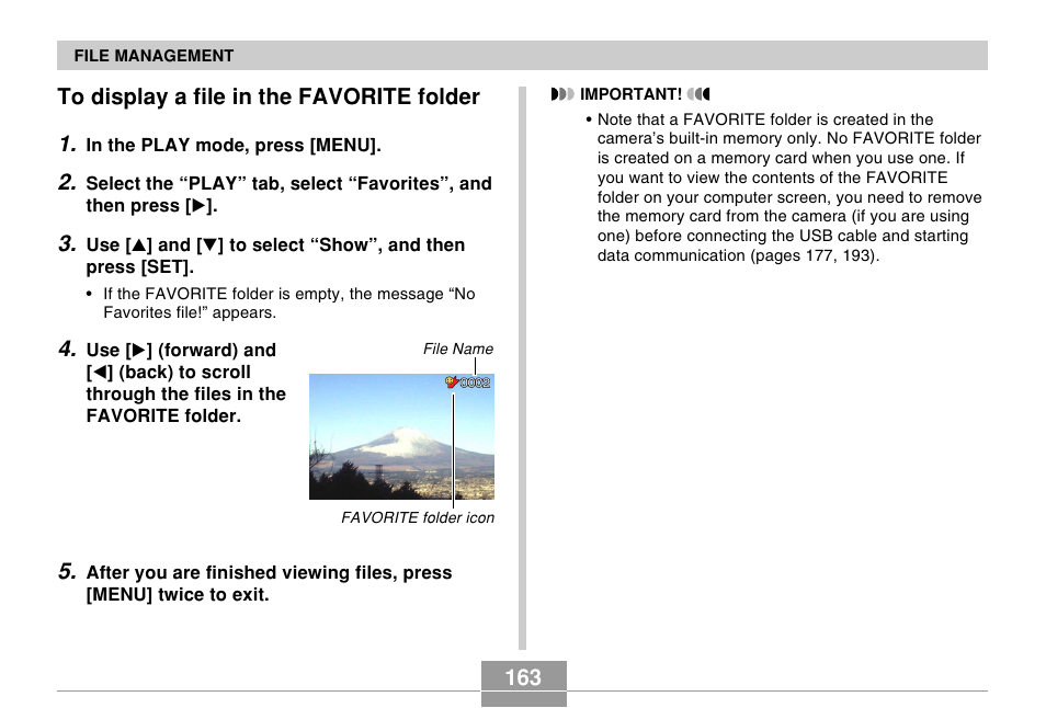 To display a file in the favorite folder, 163 to display a file in the favorite folder 1 | Casio EX-Z120 User Manual | Page 163 / 242