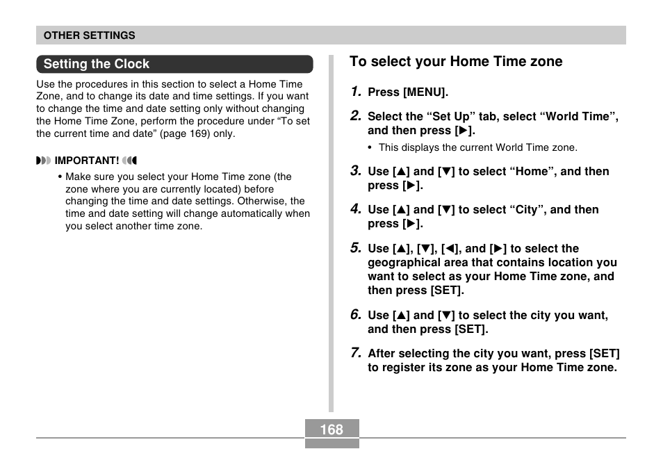 Setting the clock, To select your home time zone | Casio EX-Z120 User Manual | Page 168 / 242
