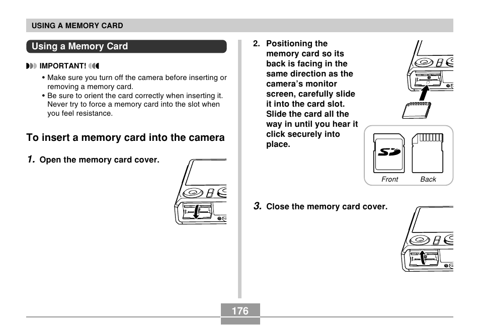 Using a memory card, To insert a memory card into the camera | Casio EX-Z120 User Manual | Page 176 / 242