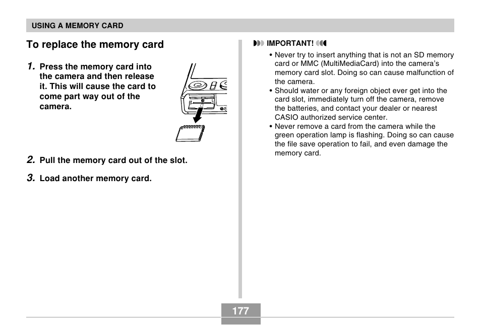To replace the memory card | Casio EX-Z120 User Manual | Page 177 / 242