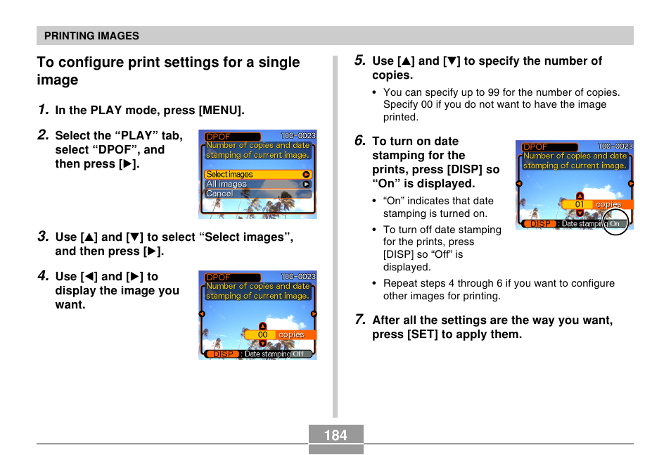 To configure print settings for a single image | Casio EX-Z120 User Manual | Page 184 / 242