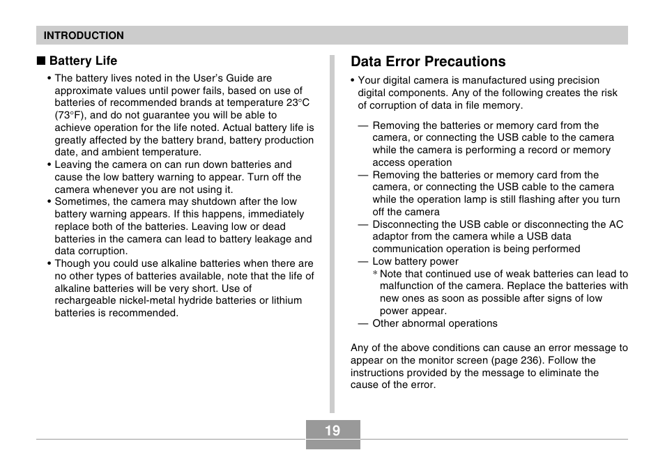 Data error precautions, 19 data error precautions | Casio EX-Z120 User Manual | Page 19 / 242
