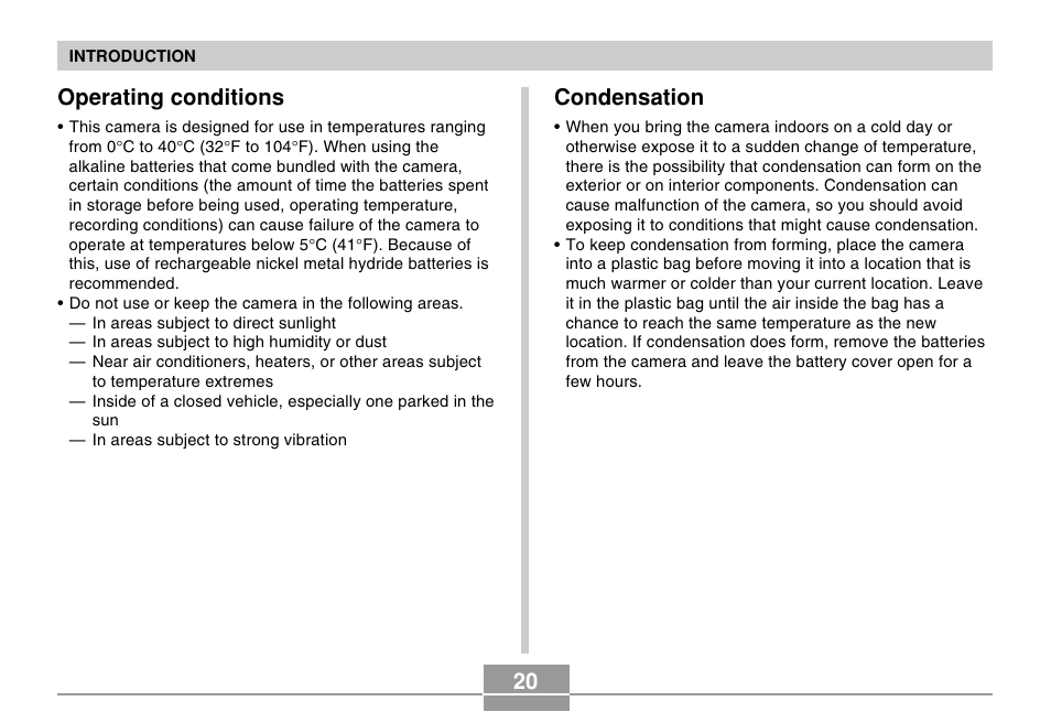 Operating conditions, Condensation, 20 condensation | Casio EX-Z120 User Manual | Page 20 / 242