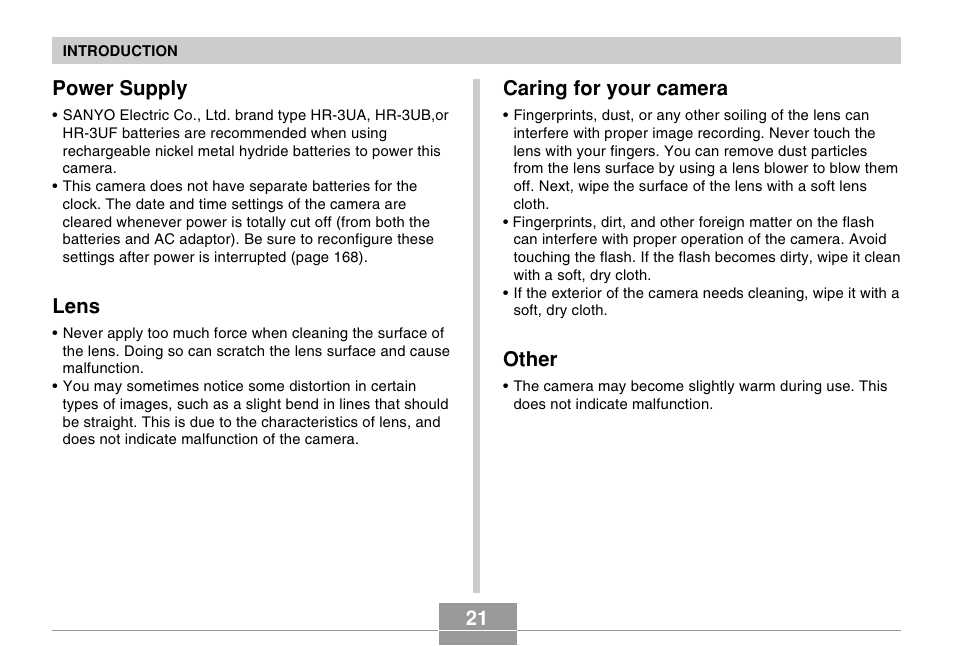 Power supply, Lens, Caring for your camera | Other, 21 caring for your camera | Casio EX-Z120 User Manual | Page 21 / 242