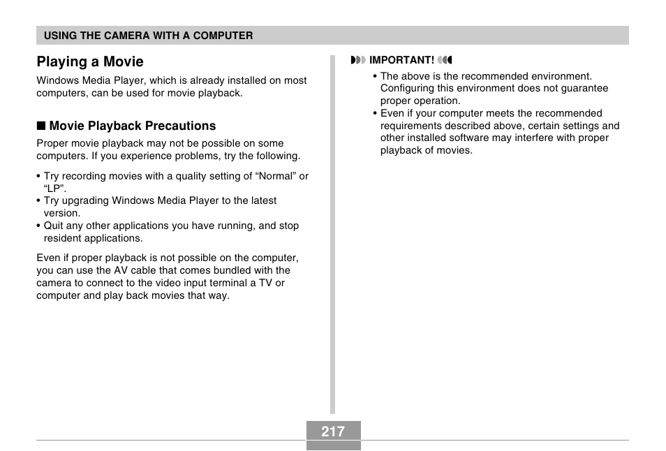 Playing a movie, 217 playing a movie | Casio EX-Z120 User Manual | Page 217 / 242