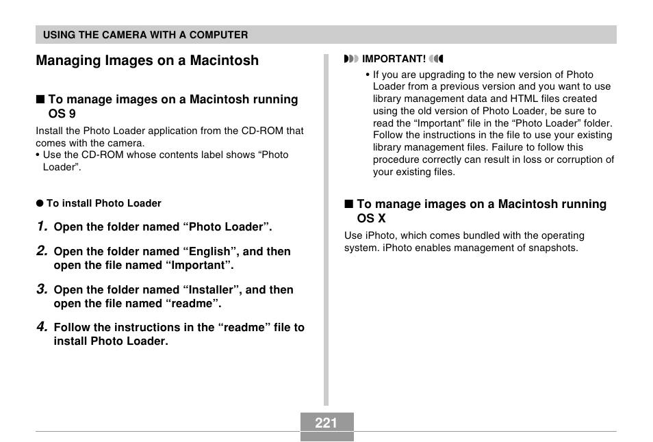 Managing images on a macintosh, 221 managing images on a macintosh | Casio EX-Z120 User Manual | Page 221 / 242