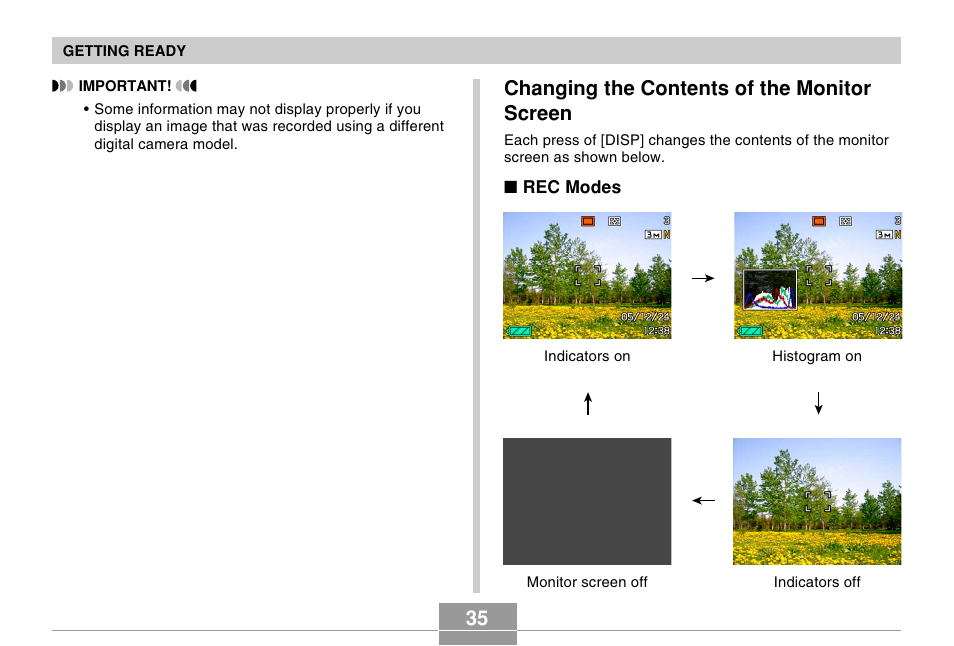 Changing the contents of the monitor screen | Casio EX-Z120 User Manual | Page 35 / 242