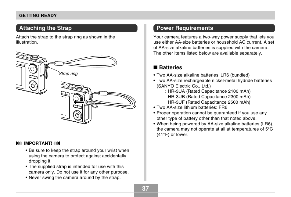 Attaching the strap, Power requirements | Casio EX-Z120 User Manual | Page 37 / 242