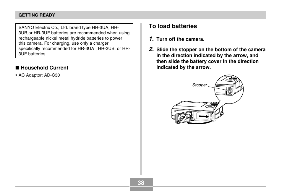 To load batteries | Casio EX-Z120 User Manual | Page 38 / 242