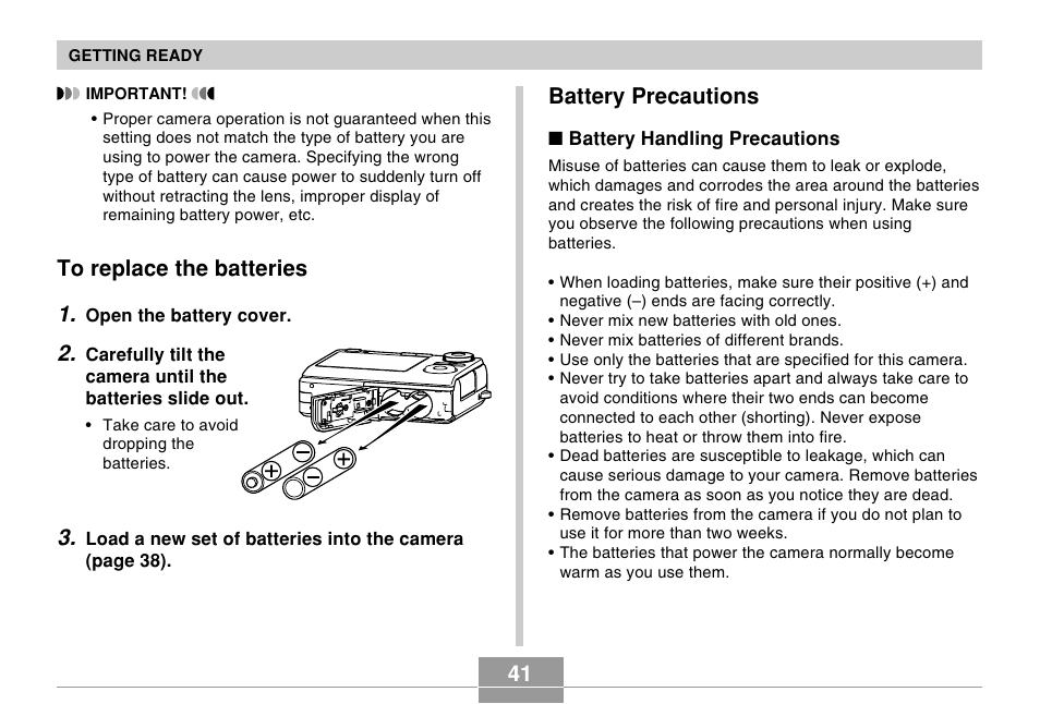 To replace the batteries, Battery precautions | Casio EX-Z120 User Manual | Page 41 / 242