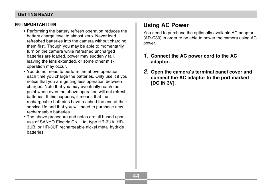 Using ac power, 44 using ac power | Casio EX-Z120 User Manual | Page 44 / 242