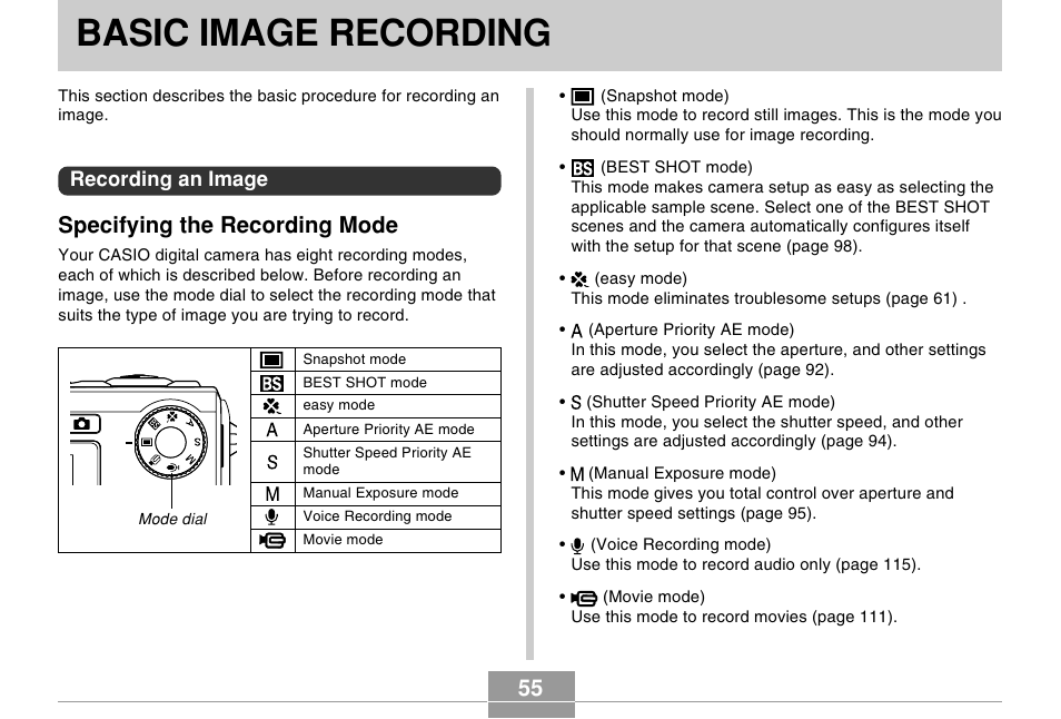 Basic image recording, Recording an image, Specifying the recording mode | Casio EX-Z120 User Manual | Page 55 / 242