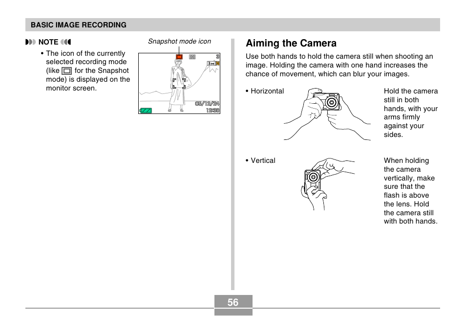 Aiming the camera, 56 aiming the camera | Casio EX-Z120 User Manual | Page 56 / 242