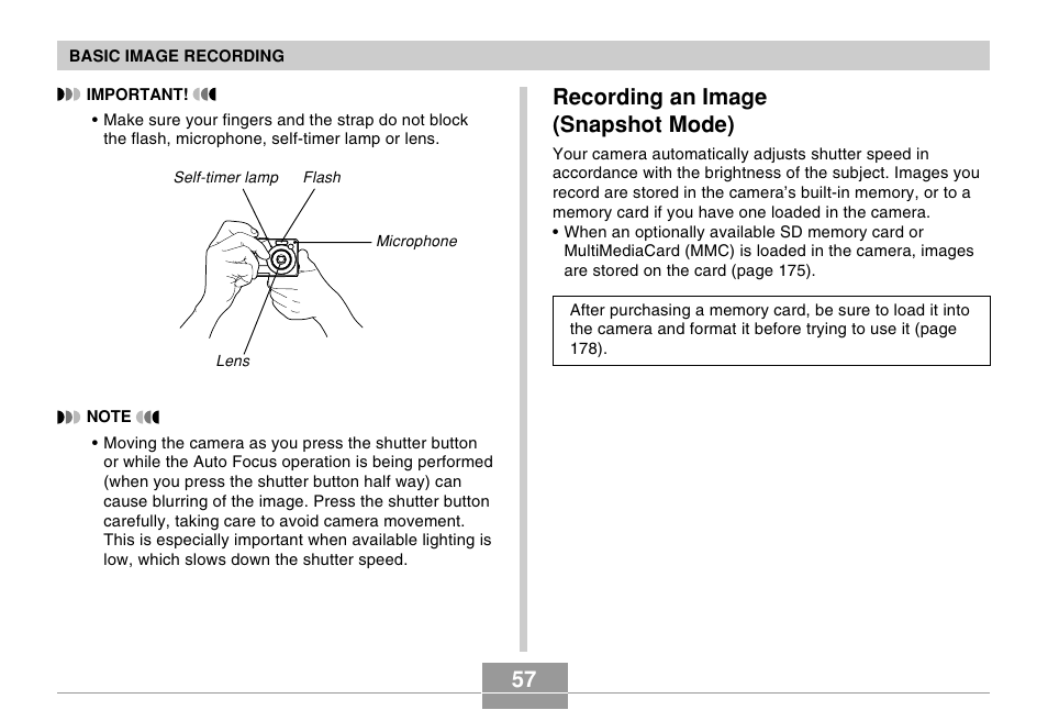 Recording an image (snapshot mode) | Casio EX-Z120 User Manual | Page 57 / 242
