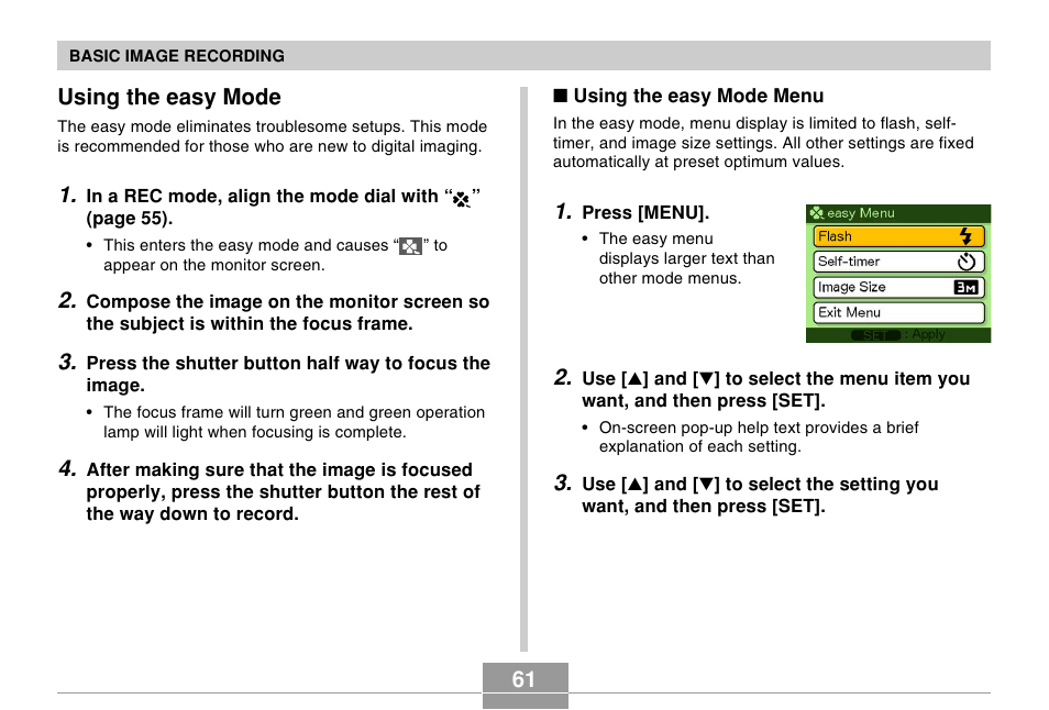 Using the easy mode, 61 using the easy mode | Casio EX-Z120 User Manual | Page 61 / 242