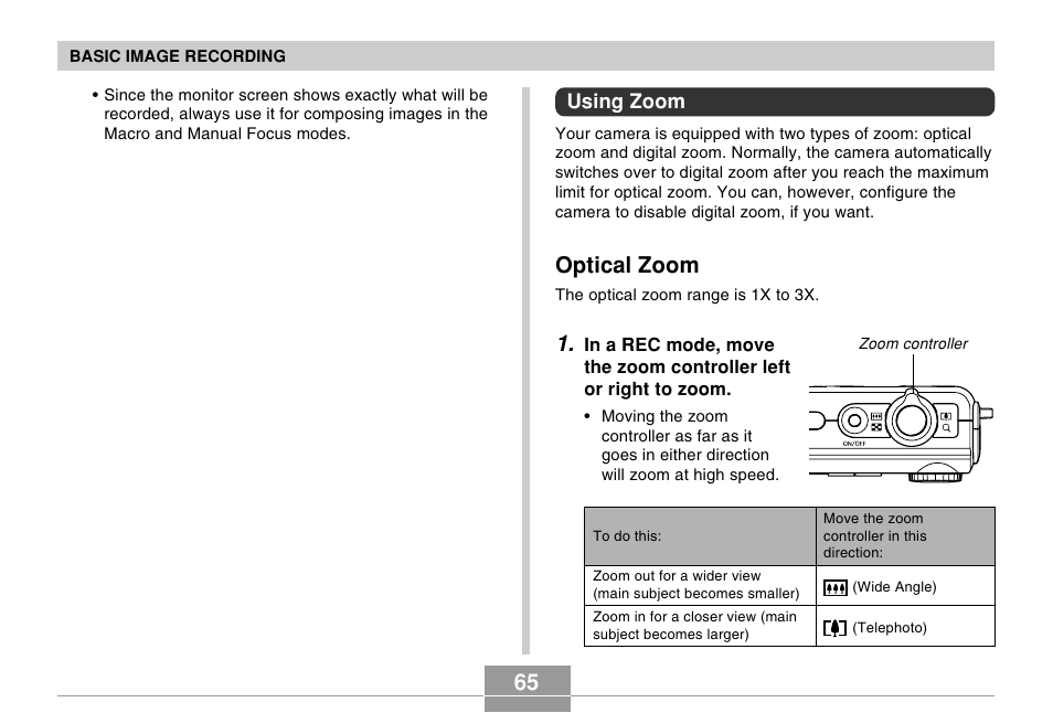 Using zoom, Optical zoom | Casio EX-Z120 User Manual | Page 65 / 242
