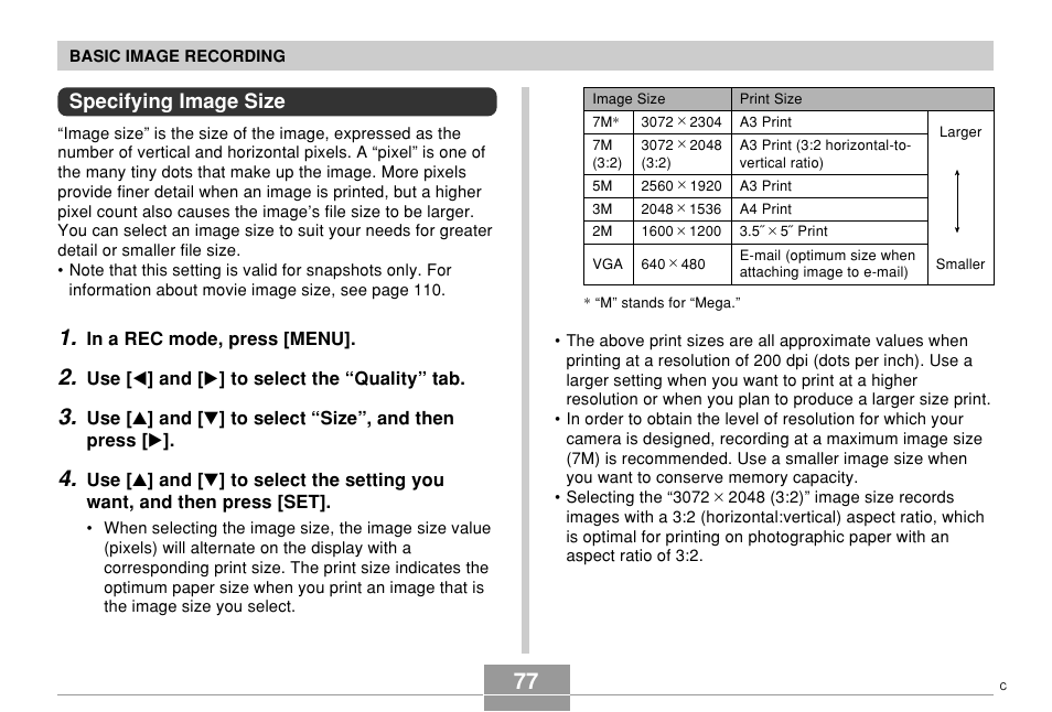 Specifying image size | Casio EX-Z120 User Manual | Page 77 / 242