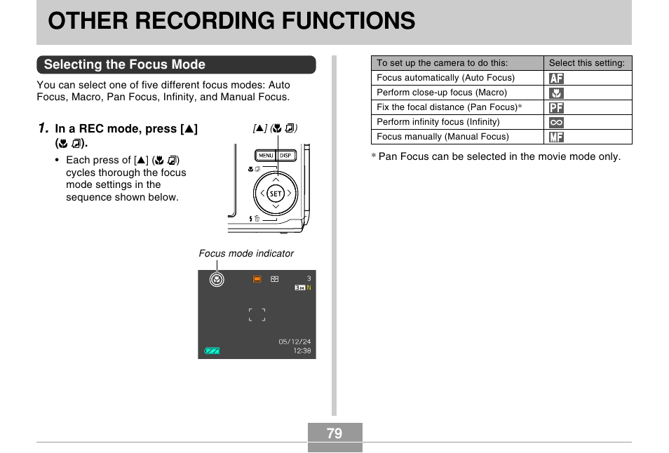 Other recording functions, Selecting the focus mode | Casio EX-Z120 User Manual | Page 79 / 242
