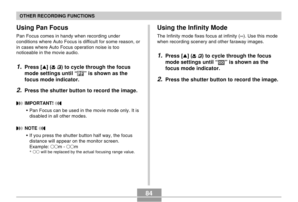 Using pan focus, Using the infinity mode | Casio EX-Z120 User Manual | Page 84 / 242