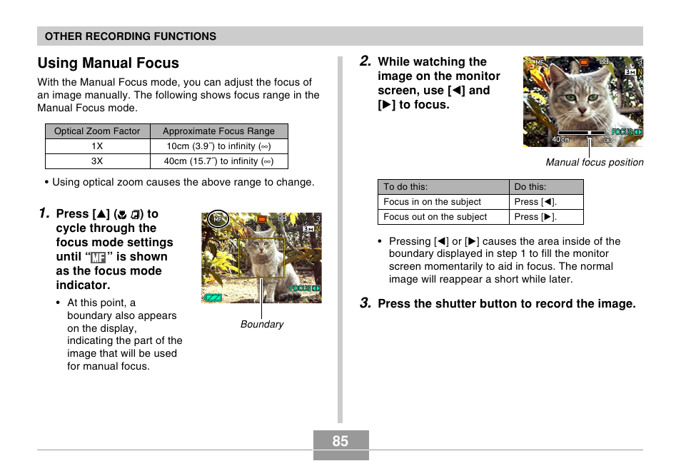 Using manual focus | Casio EX-Z120 User Manual | Page 85 / 242