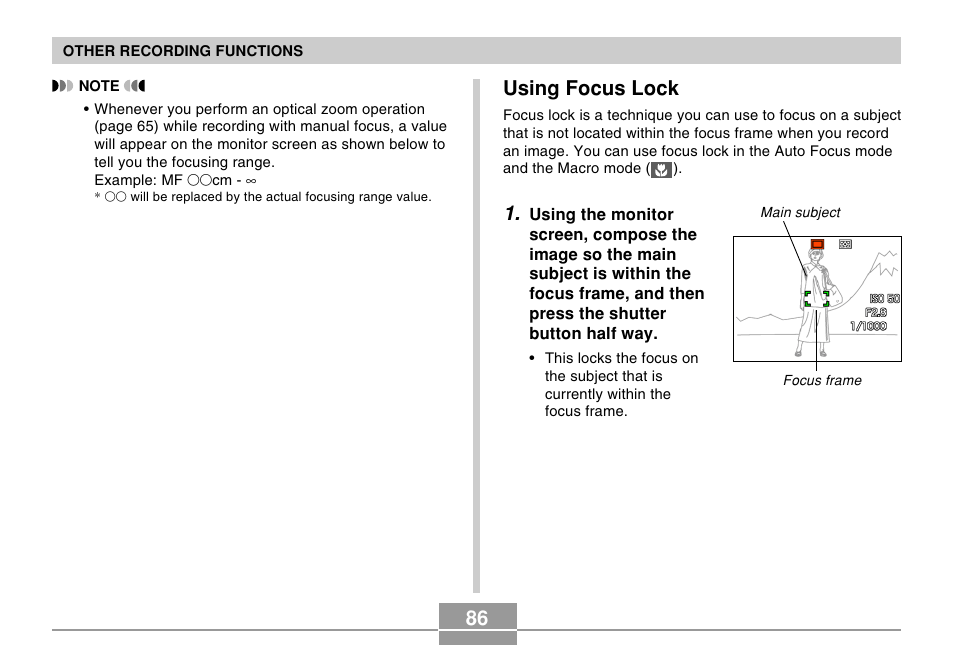 Using focus lock | Casio EX-Z120 User Manual | Page 86 / 242