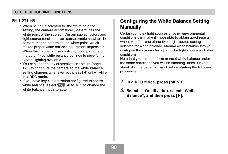 Configuring the white balance setting manually | Casio EX-Z120 User Manual | Page 90 / 242