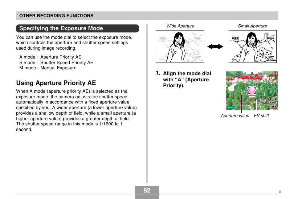 Specifying the exposure mode, Using aperture priority ae | Casio EX-Z120 User Manual | Page 92 / 242
