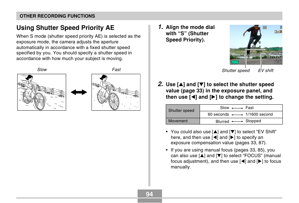 Using shutter speed priority ae | Casio EX-Z120 User Manual | Page 94 / 242