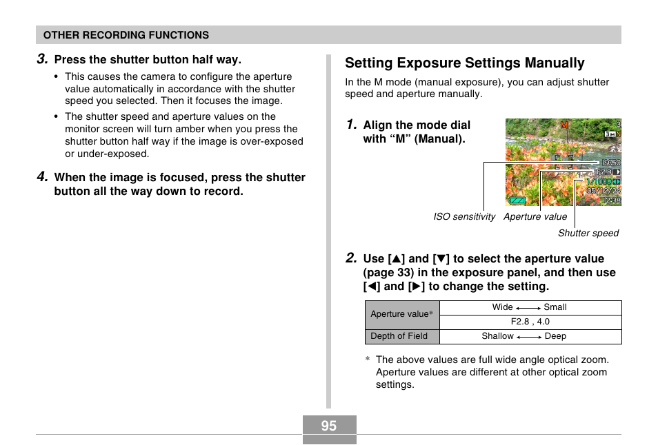 Setting exposure settings manually | Casio EX-Z120 User Manual | Page 95 / 242