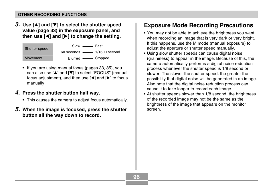Exposure mode recording precautions | Casio EX-Z120 User Manual | Page 96 / 242