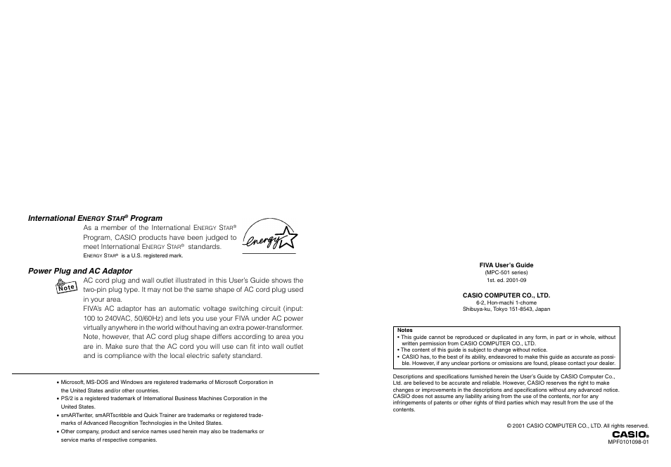 International e, Program, Power plug and ac adaptor | As a member of the international e, Standards | Casio MPC-501 User Manual | Page 2 / 126