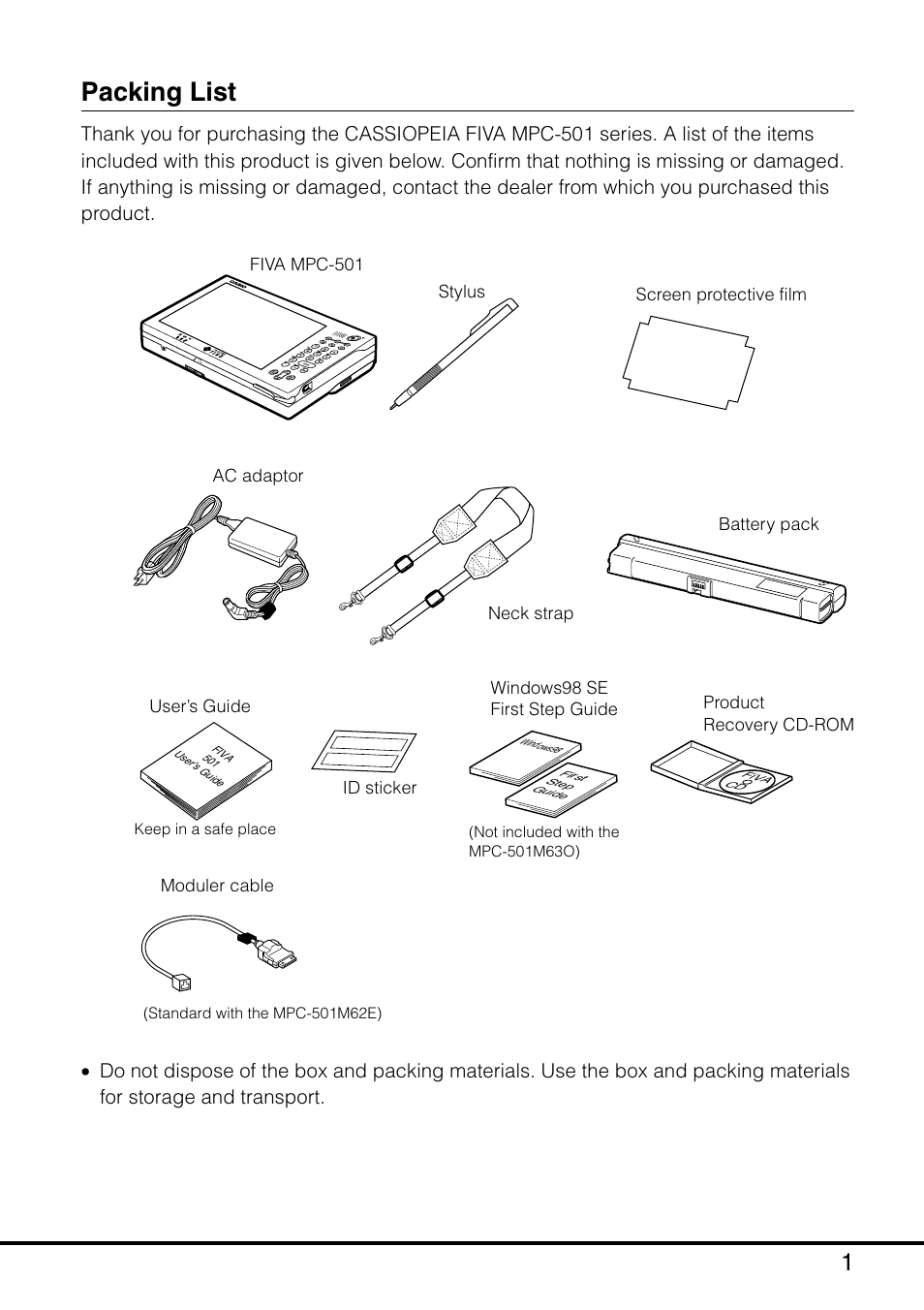 Packing list | Casio MPC-501 User Manual | Page 3 / 126