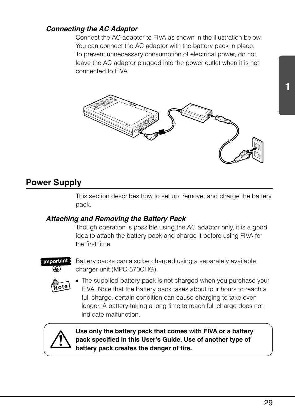 Power supply, Connecting the ac adaptor, Attaching and removing the battery pack | Casio MPC-501 User Manual | Page 30 / 126