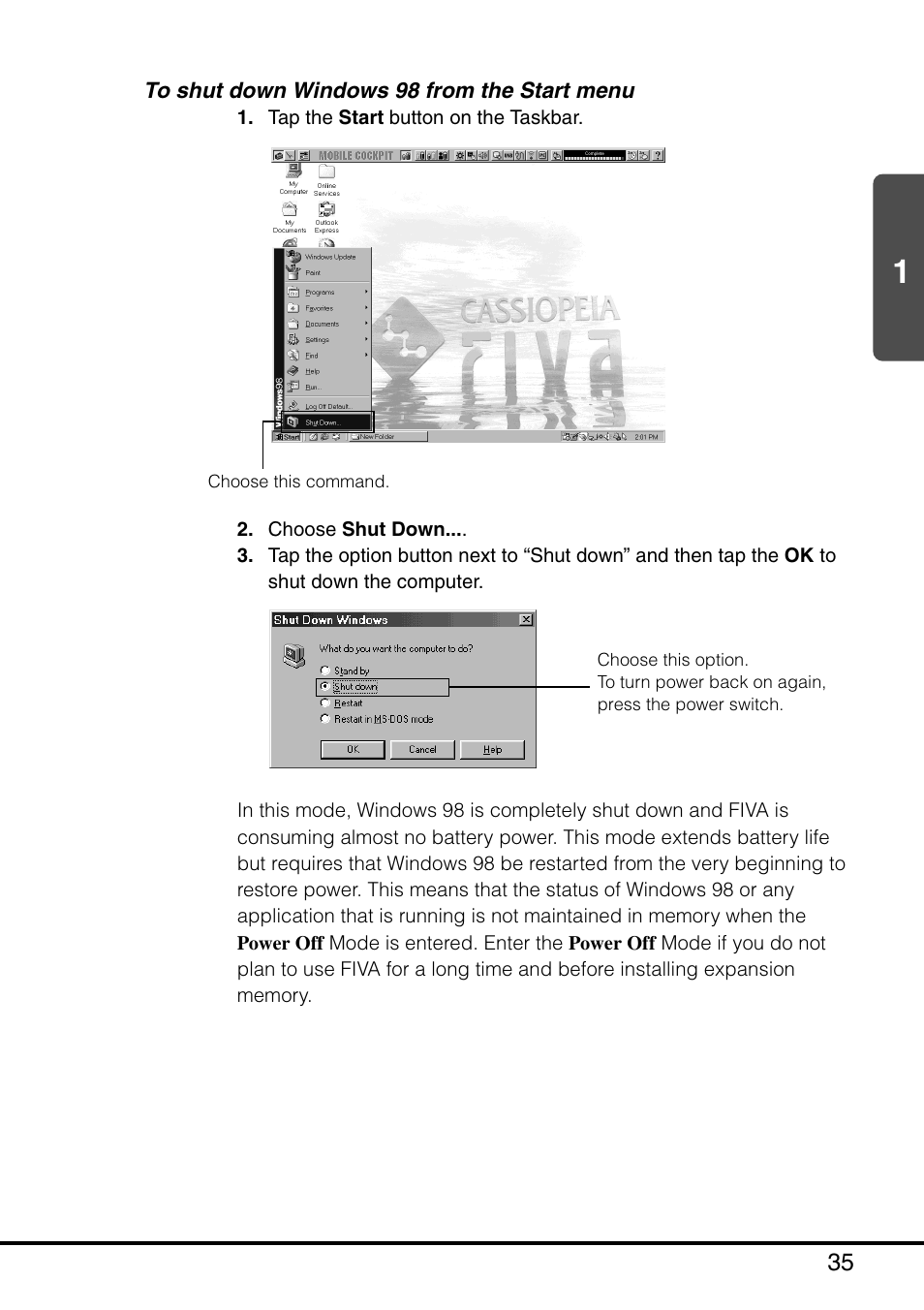 To shut down windows 98 from the start menu | Casio MPC-501 User Manual | Page 36 / 126