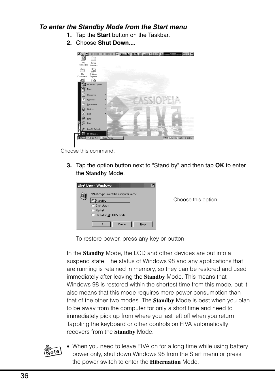 To enter the standby mode from the start menu | Casio MPC-501 User Manual | Page 37 / 126