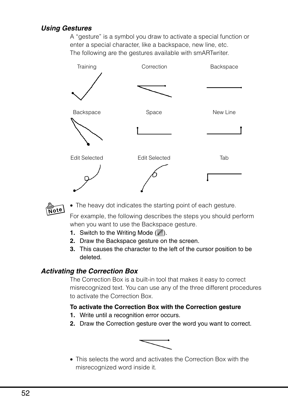 Using gestures activating the correction box | Casio MPC-501 User Manual | Page 52 / 126