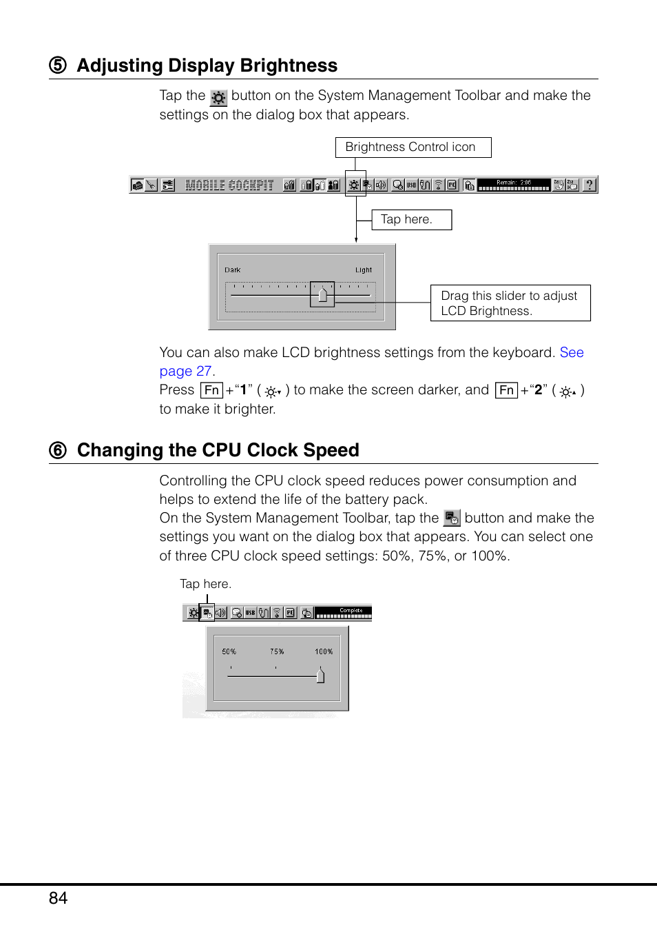 Eases lcd brightness, 55 adjusting display brightness, 66 changing the cpu clock speed | Casio MPC-501 User Manual | Page 84 / 126