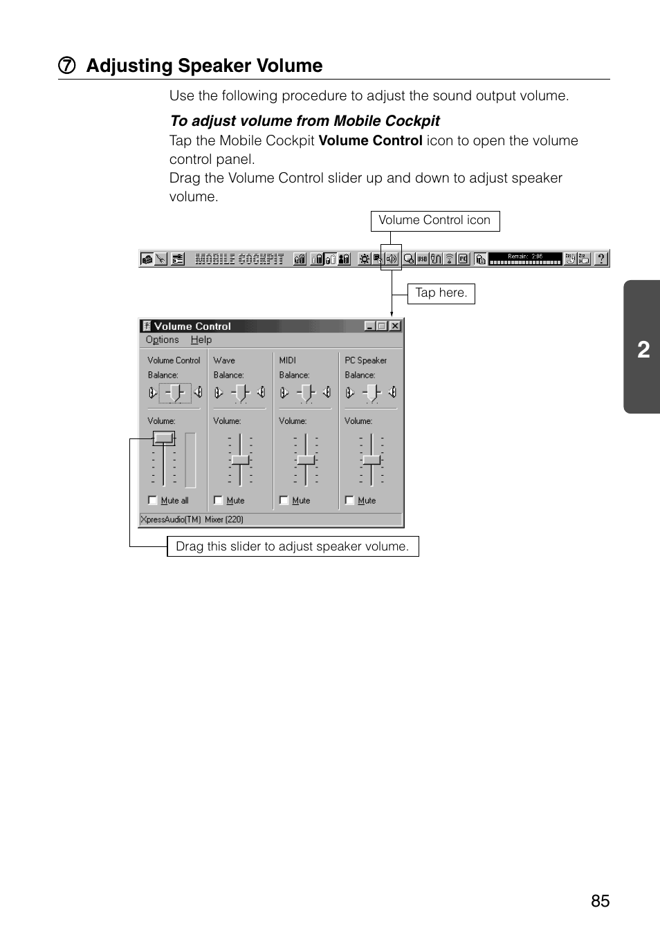 7 adjusting speaker volume, Eases speaker sound volume | Casio MPC-501 User Manual | Page 85 / 126