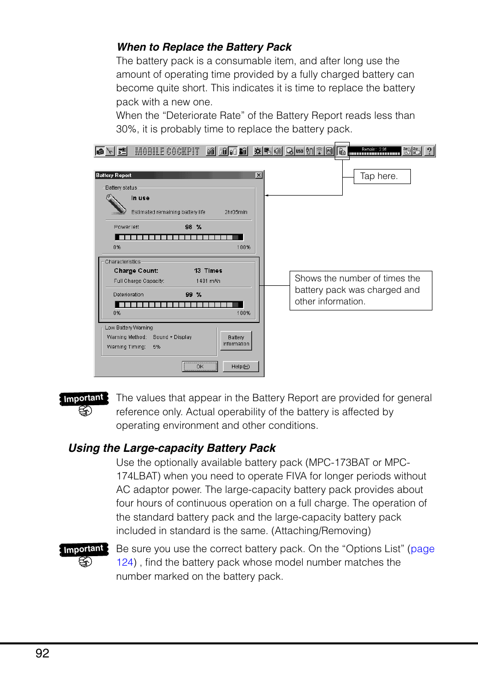 Using the large-capacity battery pack | Casio MPC-501 User Manual | Page 92 / 126