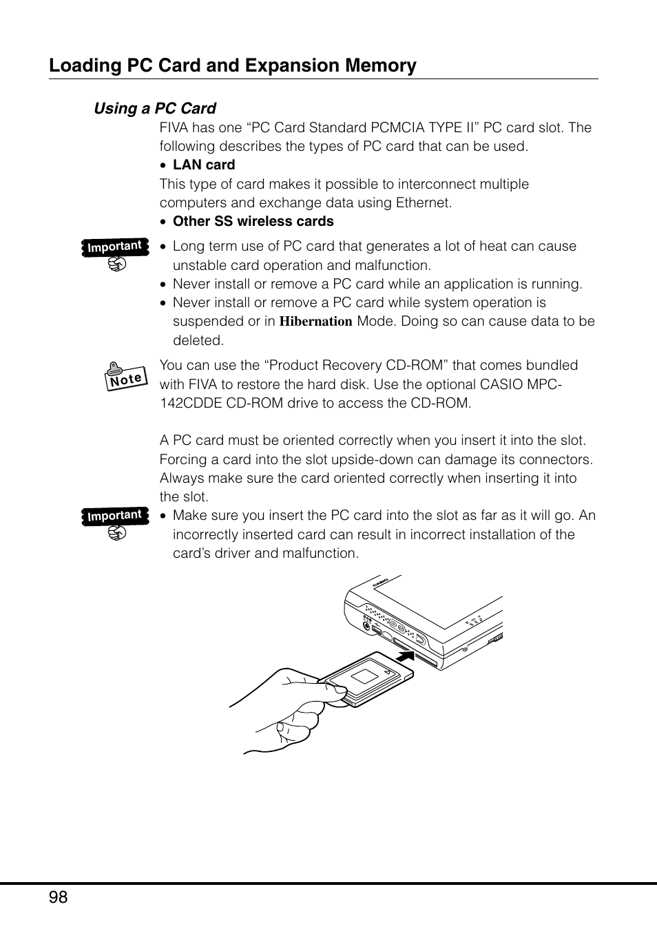 Loading pc card and expansion memory, Using a pc card, T, and | For info | Casio MPC-501 User Manual | Page 98 / 126