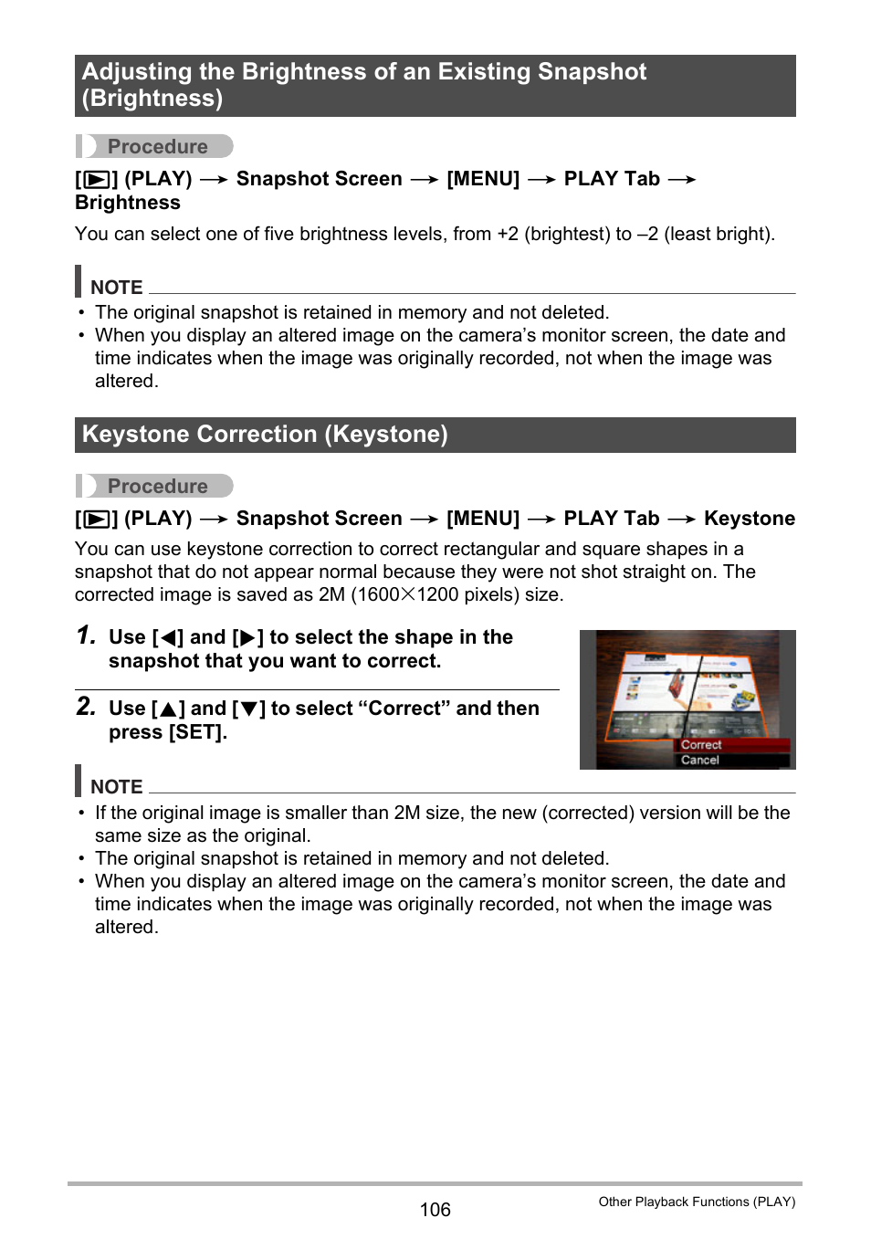 Keystone correction (keystone) | Casio EXILIM EX S 12 User Manual | Page 106 / 216