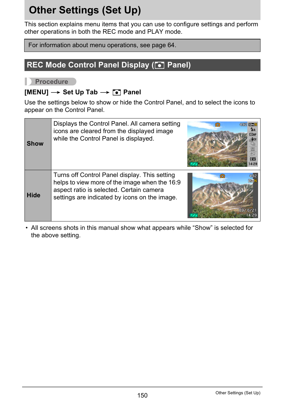 Other settings (set up), Rec mode control panel display (_ panel), Other settings | Set up) 150, Rec mode control panel display ( r panel) | Casio EXILIM EX S 12 User Manual | Page 150 / 216