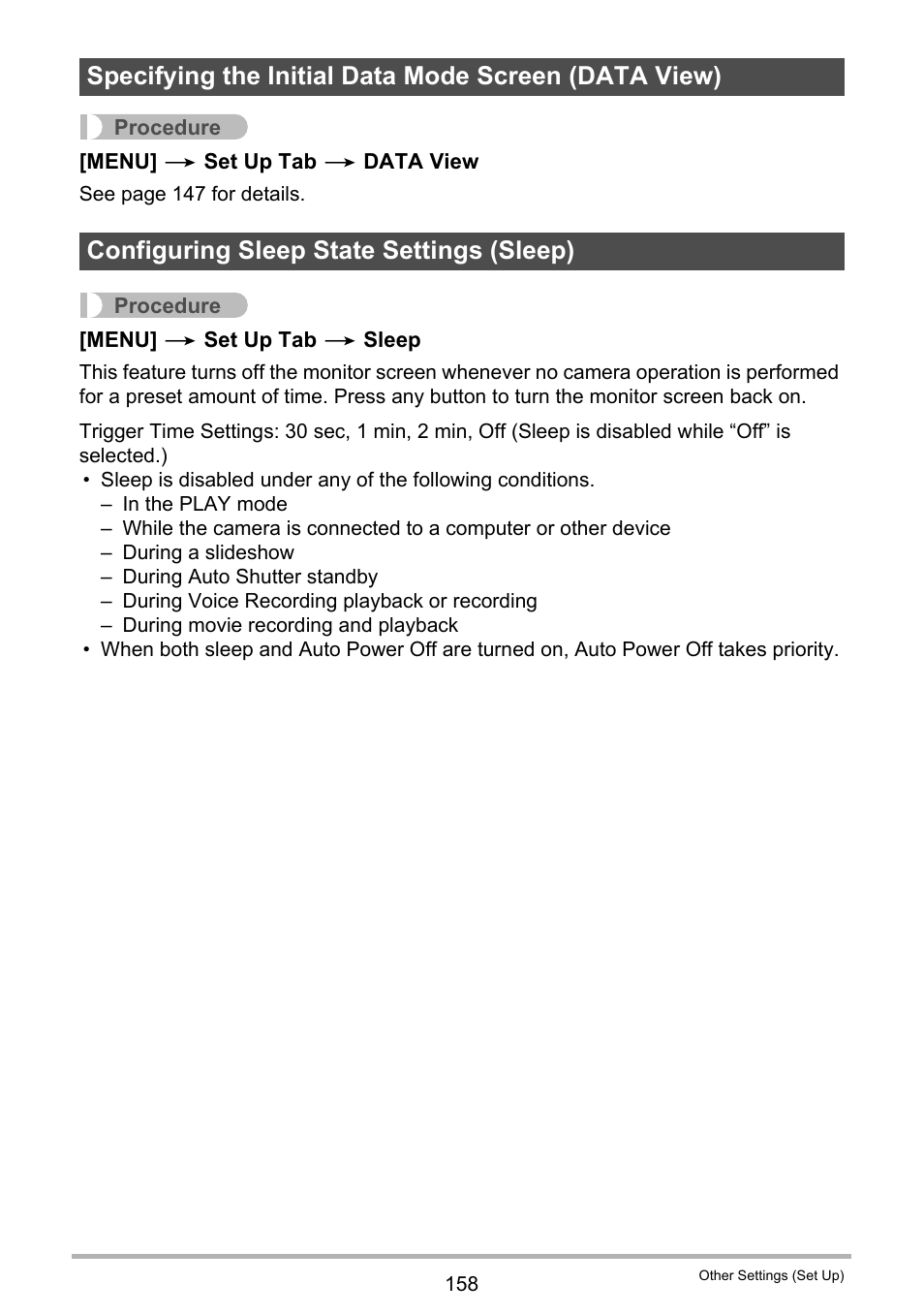 Configuring sleep state settings (sleep), Ge 158) | Casio EXILIM EX S 12 User Manual | Page 158 / 216
