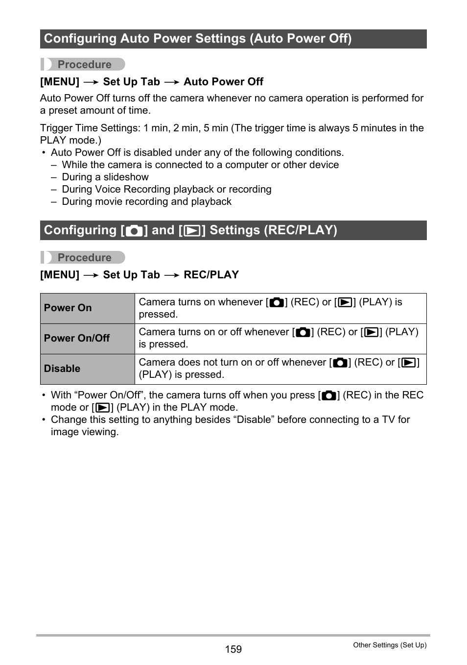 Configuring auto power settings (auto power off), Configuring [_] and [>] settings (rec/play) | Casio EXILIM EX S 12 User Manual | Page 159 / 216