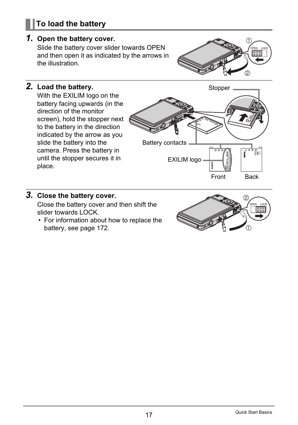 To load the battery | Casio EXILIM EX S 12 User Manual | Page 17 / 216