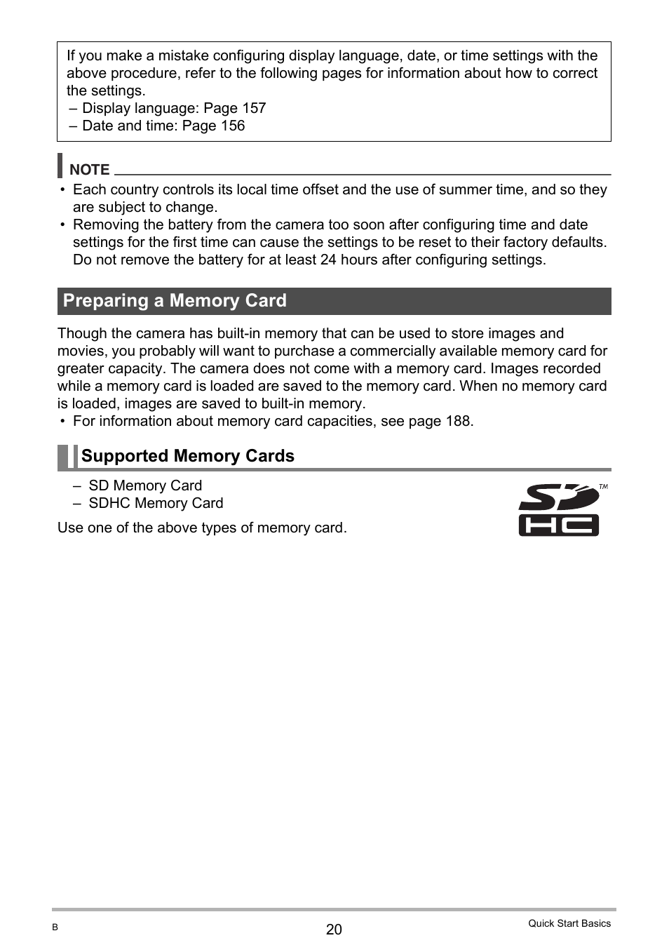 Preparing a memory card, Supported memory cards | Casio EXILIM EX S 12 User Manual | Page 20 / 216