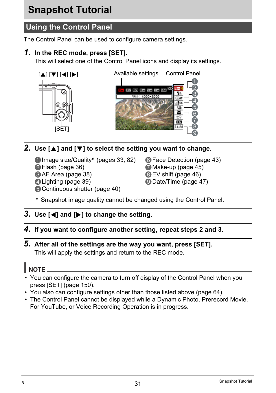 Snapshot tutorial, Using the control panel | Casio EXILIM EX S 12 User Manual | Page 31 / 216