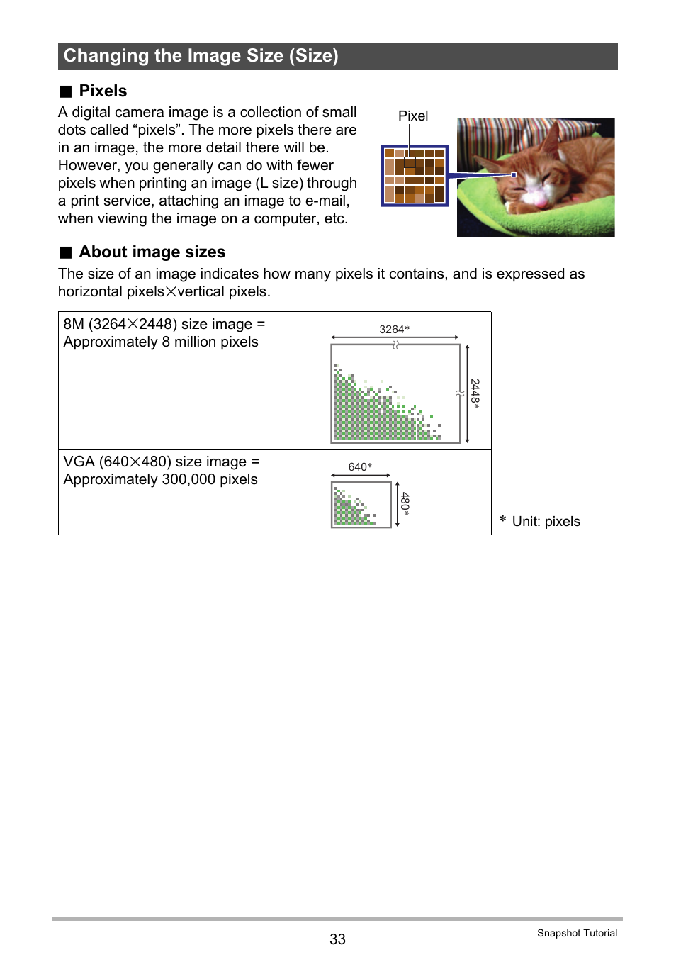 Changing the image size (size), Pixels, About image sizes | Casio EXILIM EX S 12 User Manual | Page 33 / 216